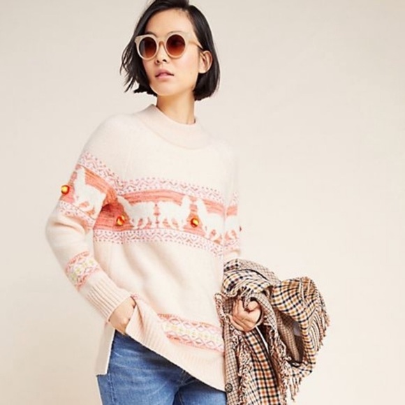 ANTHROPOLOGIE Pale pink peach llama Pom Pom sweater medium - Picture 2 of 10